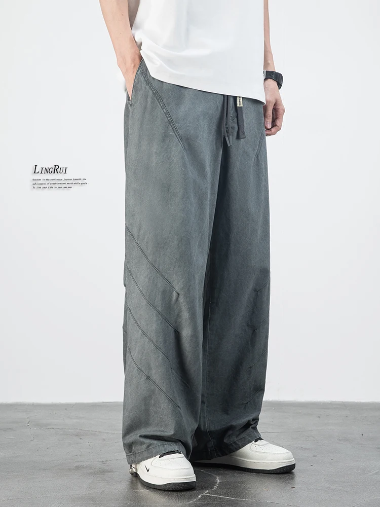 

Прямые повседневные брюки в американском стиле ретро, мужские свободные драпированные брюки, модный дизайн, широкие брюки длиной до пола, летние хлопковые брюки