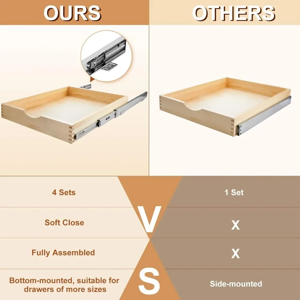 4 Set Rak Gulung Tutup Lembut Organizer Kabinet Baki Tarik Kayu, Lemari Dapur Rak Dapur Geser Rakitan Sepenuhnya