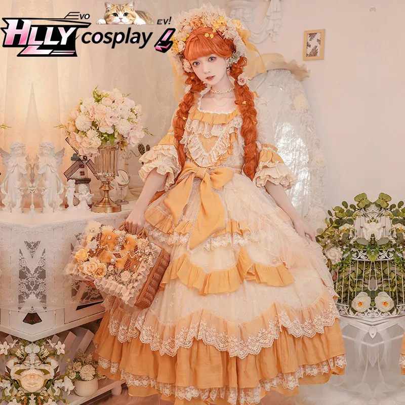 

Original Bridal Lolita OP Dress Garden Pastoral Style Retro Maiden Short Sleeve Layered Cosplay Costume for Halloween Tea Party