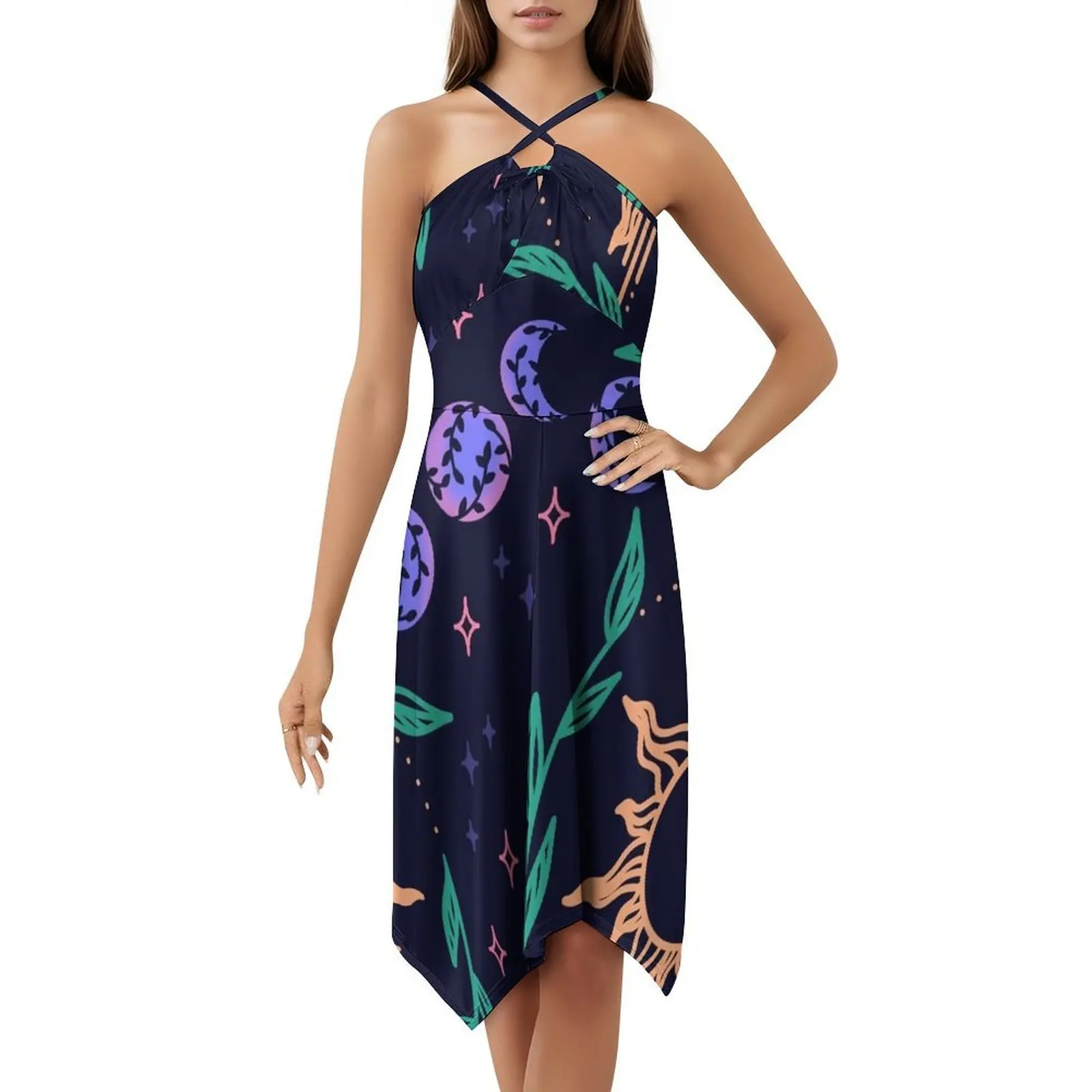 مراحل القمر سلسة نجوم الشمس وأوراق الشجر نمط المرأة الشارع الشهير فستان الحفلات العصرية طباعة نادي الملابس للإناث سلس