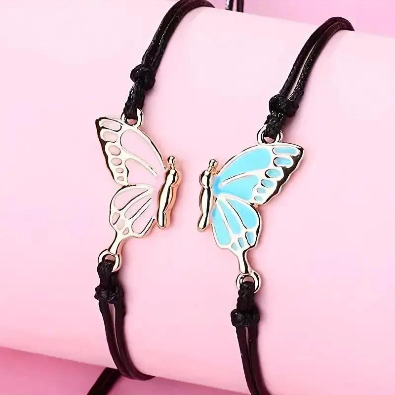 Meetvii 2pcs/set Drip Oil Butterfly Charm Bracelets Adjustable Double Color Yin Yang BFF Friendship Bracelets Jewelry Gifts