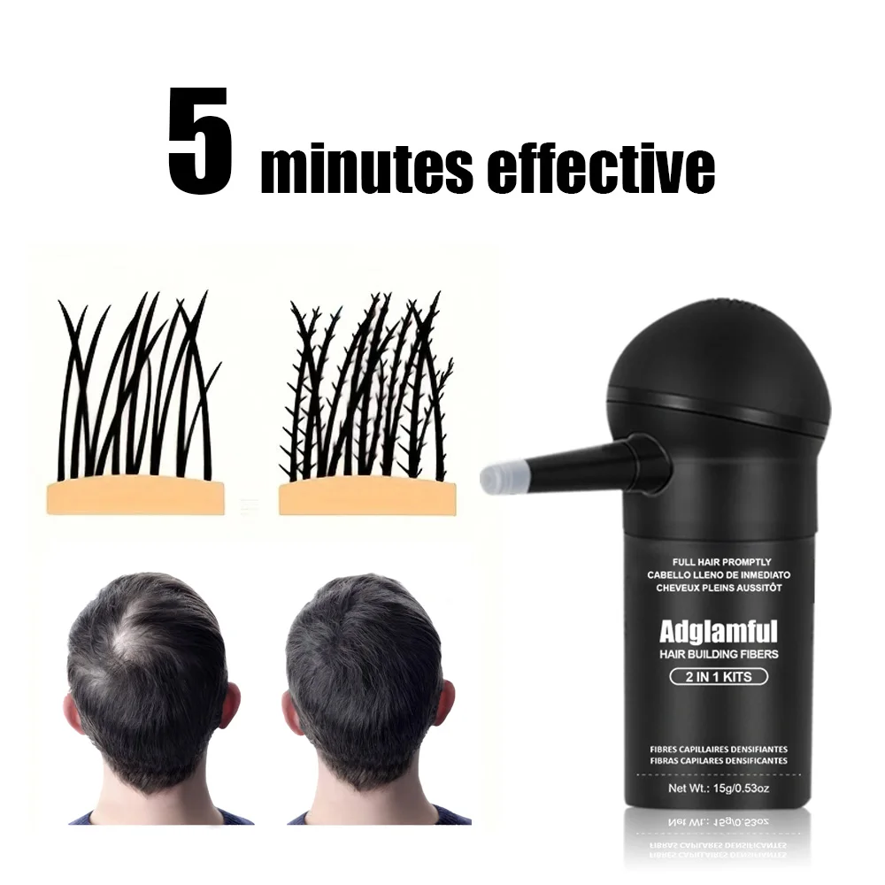 Adglamful 15g 2 in 1 Hair Building Fibers Kit Built-In Nozzle Ultra Fine Plant Fiber Concealer for Sparse & Thinning Hair
