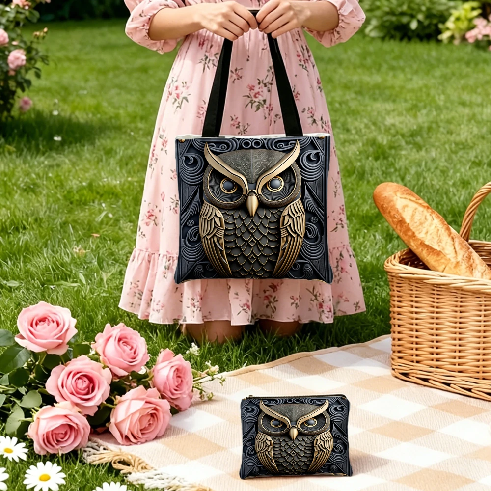 Chic Handbag Black And Gold Owl Pattern Tote Bags And Makeup Bag Combination Fashionable Everyday Use For Women Portable Pouch image 2