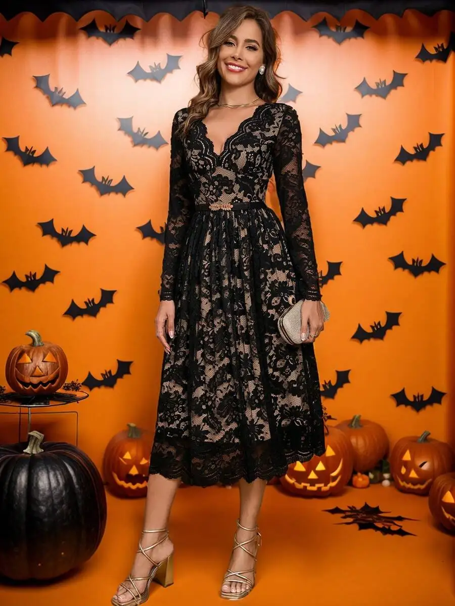 

Black Floral Lace Midi Dress With V Neck And Long Sleeves For Halloween Autumn Wedding Guest Events