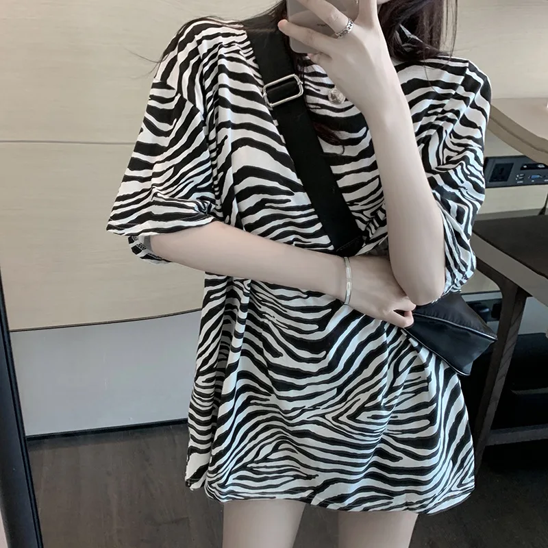 Fashion Zebra Printing Women's Loose Short Sleeve T-Shirt Wild Style Stripe Summer Lolita Hottie Trend Tee Top