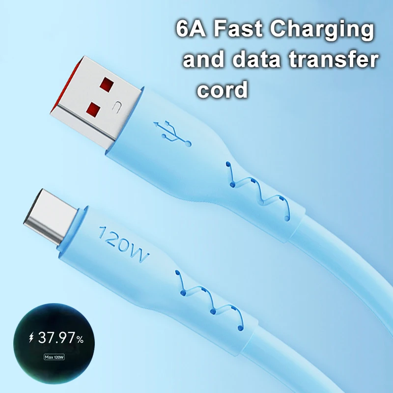 120W 6A USB Type C Super Fast Charging Cable Soft Silicone For Samsung Xiaomi Redmi Huawei Android Phone Charger Usb C Data Cord