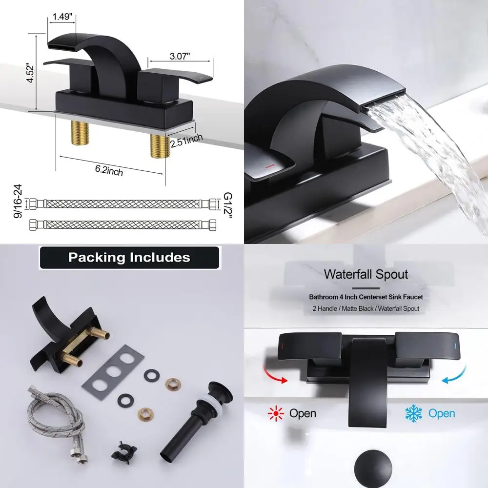 

2-Handle Matte Black Waterfall Bathroom Sink Faucet with Pop-Up Drain, 4 Center, 3-Hole Basin Mixer Tap