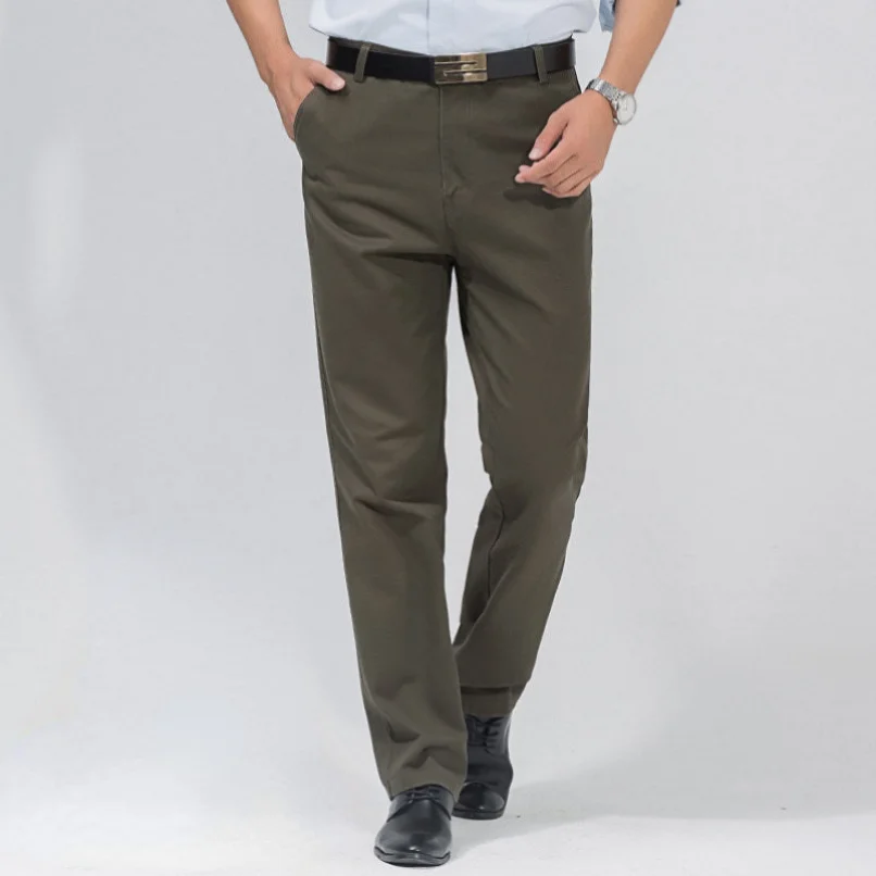 Men\'s 100% Cotton Summer Thin Pant Autumn Thick Classic Solid Casual Bland High Waist Trousers Business Office Cargo Pants Cheap