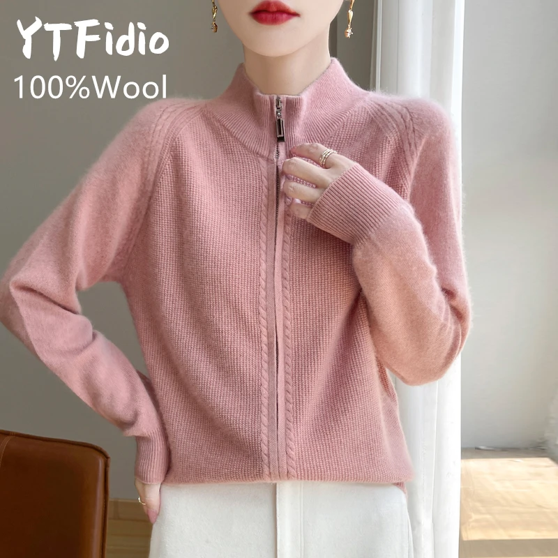 YTFidio ขนสัตว์ 100% ผู้หญิงซิปเสื้อกันหนาวถักเสื้อกันหนาวคอเต่าซิปเสื้อสเวตเตอร์ถัก Casual หลวมด้านบนเสื้อกันหนาวหนา 171