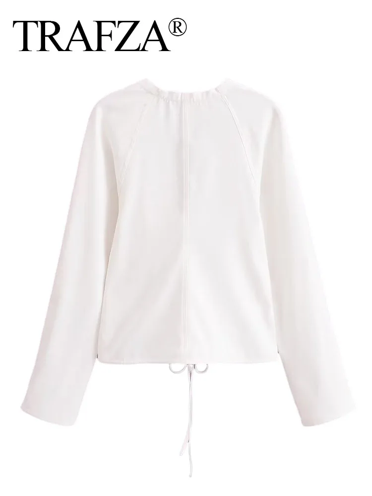 Trafza Frauen Sommer Mode solide lange Ärmel V-Ausschnitt String Shirts weibliche elegante lässige Pullover Bluse High Street Tops Mujer