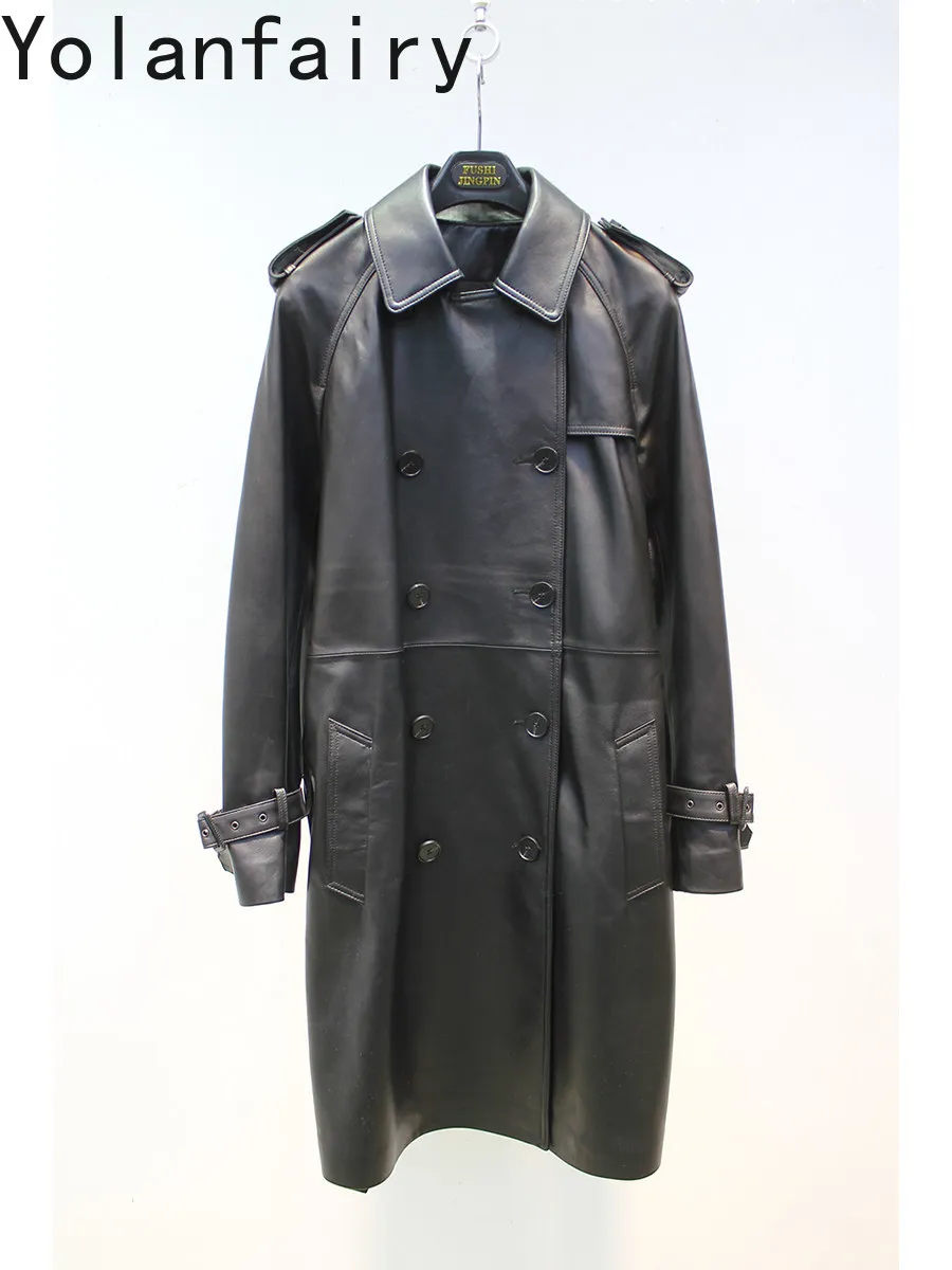YOLANFAIRY Women Genuine Sheepskin Leather Trench Coat Autumn Retro Double Breasted Mid-long Real Leather Jacket Outerwear Belt