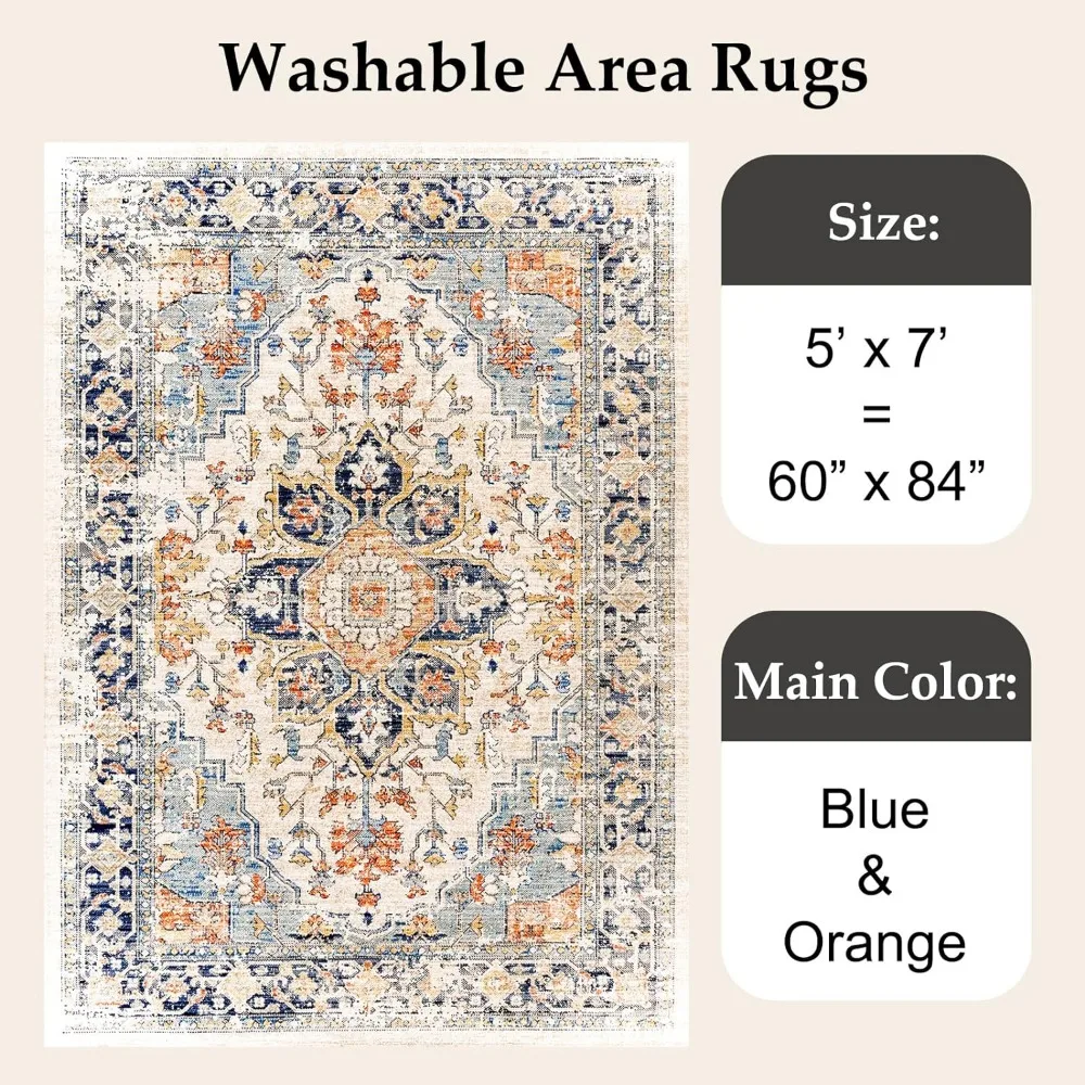 VK VK·LIVING Machine Washable Rug 5'x7' Vintage Design Washable Area Rugs with Non Slip Rugs for Living Room Bedroom Traditional