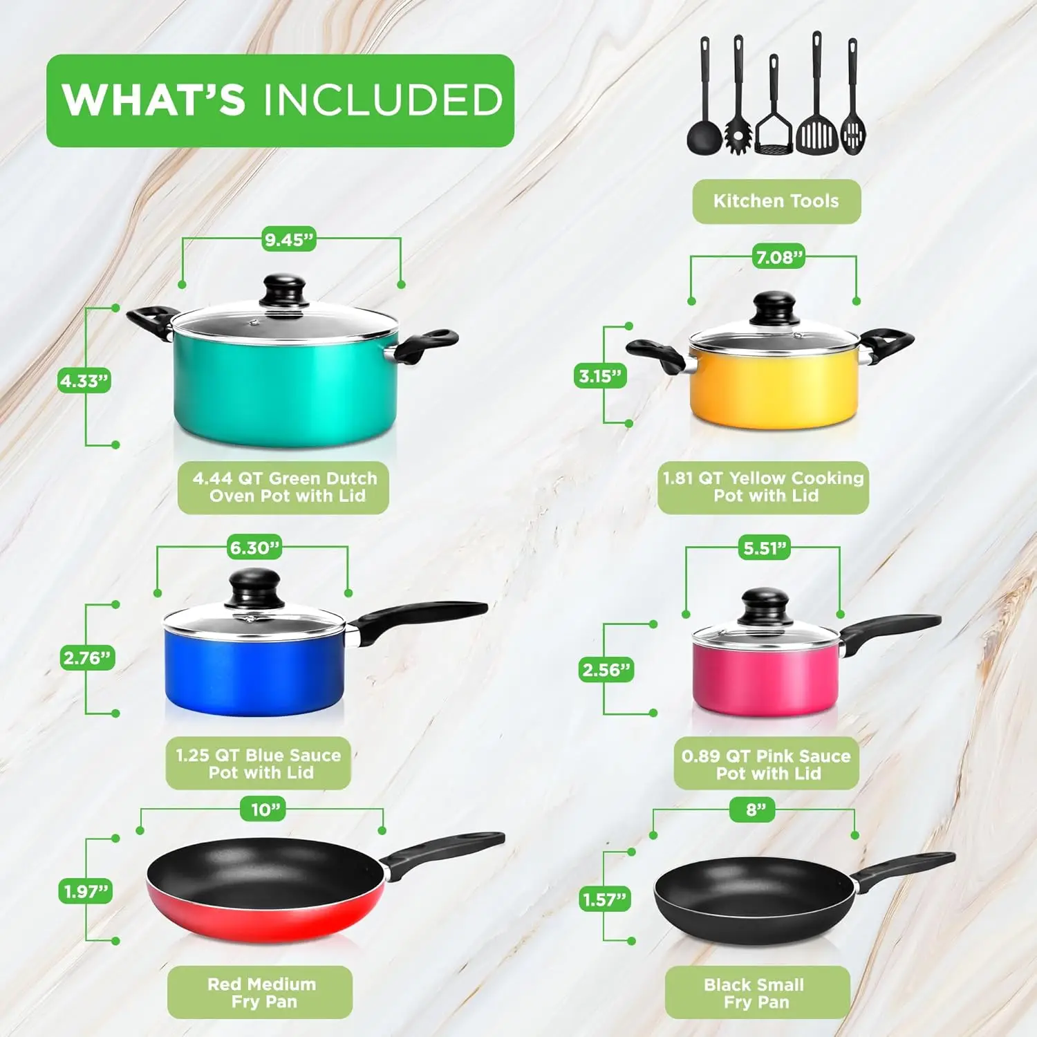 

15-Piece Non Stick Kitchen Cookware Set PFOA/PFOS-Free, Colorful Heat Resistant Lacquer w/Saucepot, Frying Pans, Oven Pot, Lids,