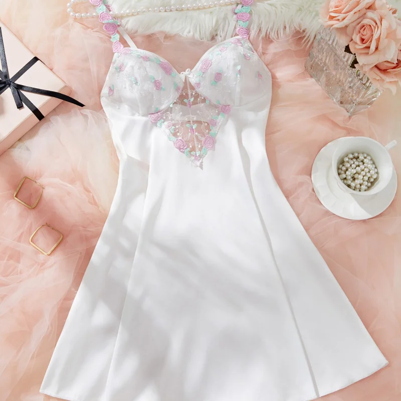 

SURI Lady Floral See Through Sexy Slip Dress Mesh Cute Girls Sexy Nightwear Sleep Nightdress Lingerie Dress Set Bow Sticker Eleg