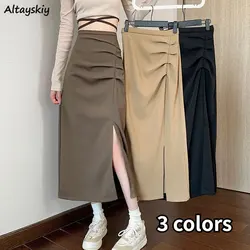 Midi Skirts Women Elegant Office Lady Folds Designed Chic Side-slit Spring Aesthetic Faldas Korean Style Daily All-match Temper