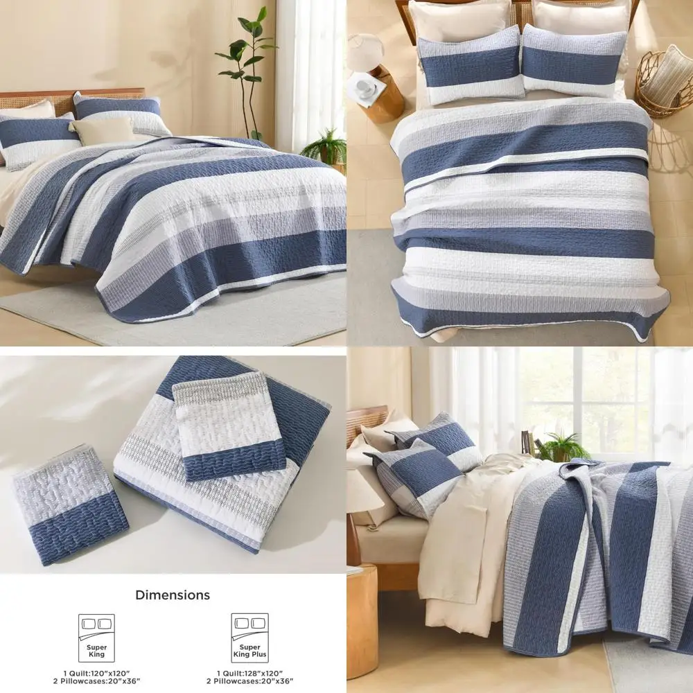 

Mineral Blue Striped Oversized King Size Quilt Set, 128x120, Lightweight 3-Piece Bedspread Coverlet