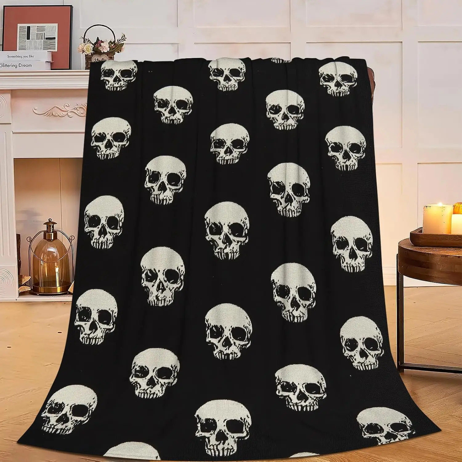 White Skull Repeat Black Background Print Flannel Throw Blanket, Soft Warm Sofa Cover, Gothic Gift For Bedroom Daily Rest Use