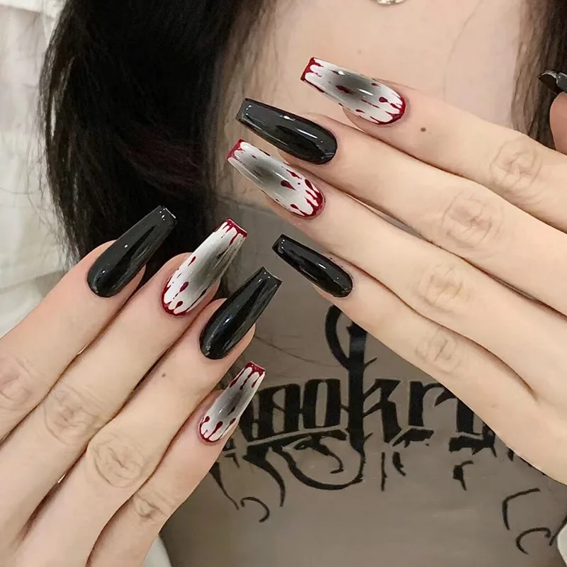 24Pcs Halloween Blood Drops Wear Nail Gills Black Patches Long Fake Nails Full Cover False Nail for Women&Girls Party Wear