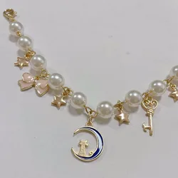 Japanese Anime Cute Luna Cat on The Moon Key Wand Charm Bracelet Sailor Moon Star Bracelet for Women Girls Cosplay Jewelry
