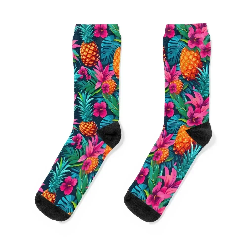 

Pineapple Mosaic - Ananas and flowers in Rainforest Socks Crossfit gifts cycling luxe Luxury Woman Socks Men's
