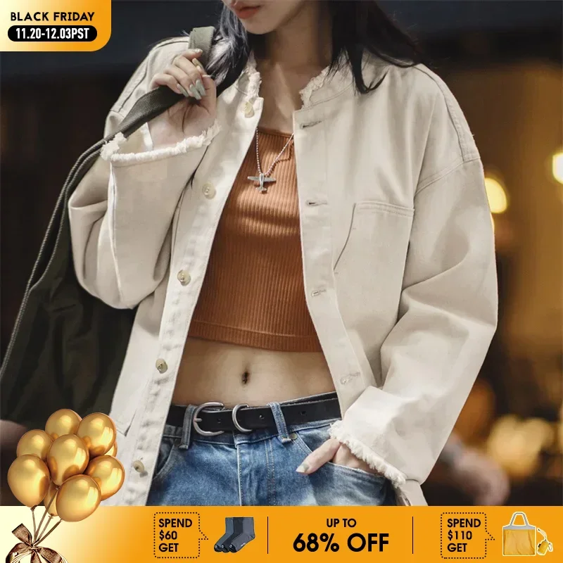 

Maden Women's Vintage Heavyweight Denim Jacket Casual White Loose Fit Pure Cotton Single-breasted Denim Coat for Autumn Winter