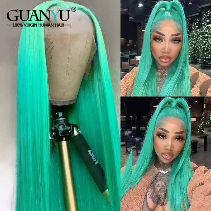 Peluca con malla frontal transparente 13x4 recta de hueso de cabello humano vietnamita de color verde menta peluca con cierre de encaje 4x4 prearrancada para mujer