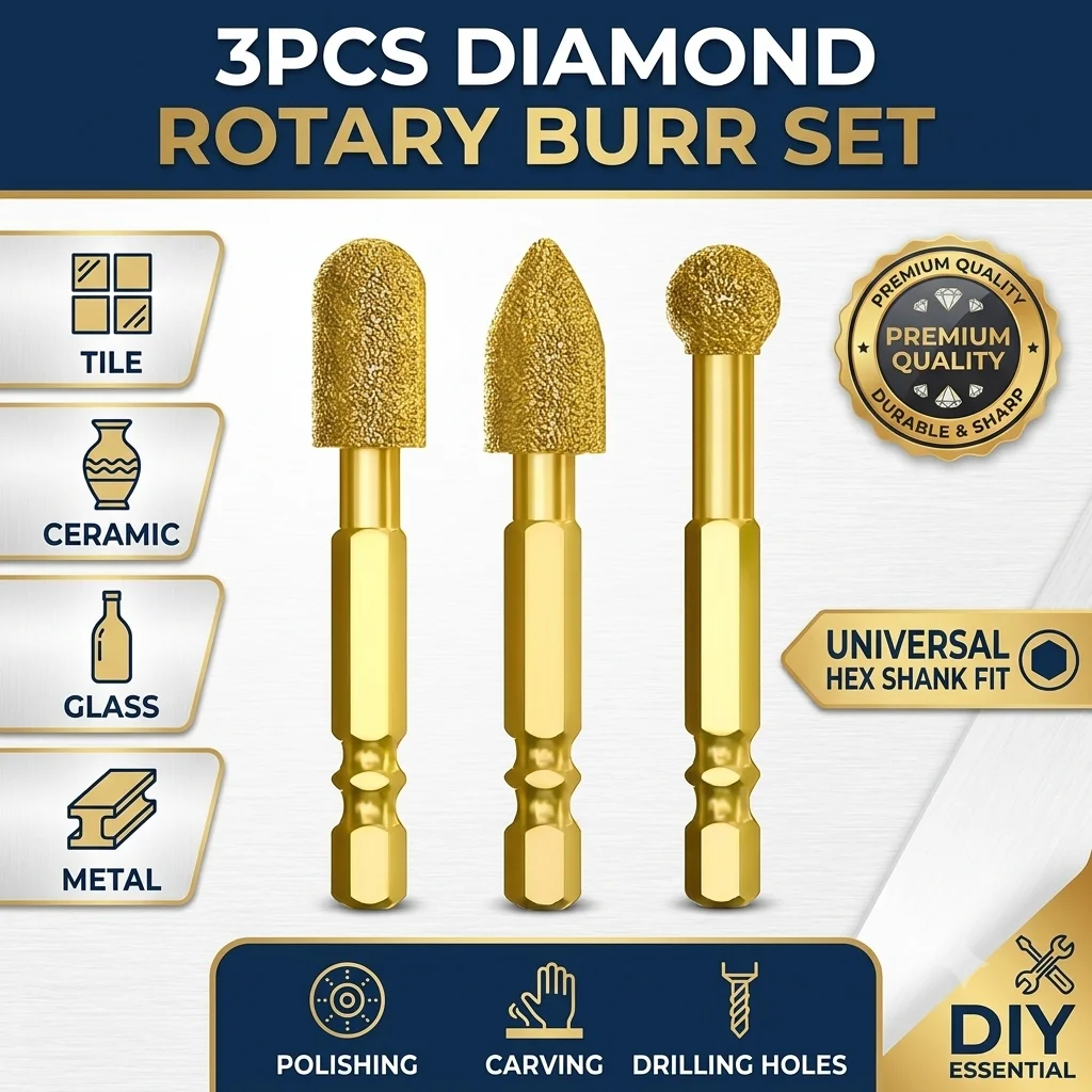 Diamond Grinding Head Rotary File Burr Set For Tile Ceramic Glass Metal Polishing Hole Carving Drill Bit Accessories 3 Pcs/6 Pcs