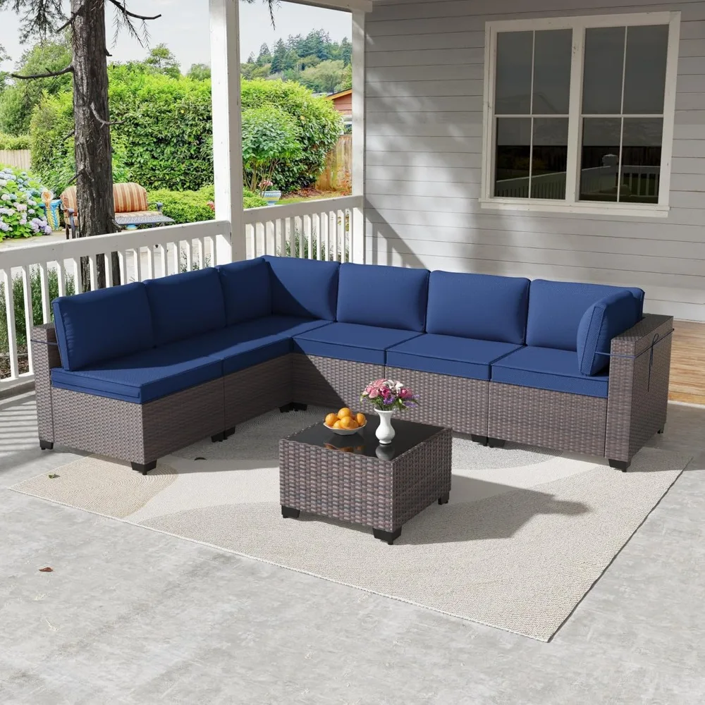 

7 Pieces Outdoor Patio Furniture Set,PE Wicker Rattan Sectional Sofa Patio Conversation Sets with Tempered Glass Table,Navy Blu