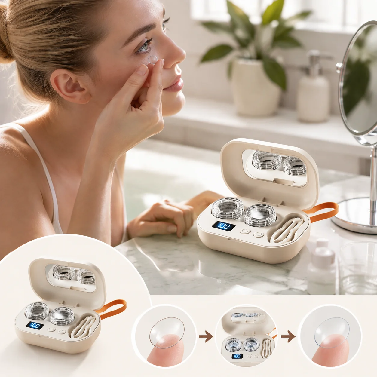 Portable Ultrasonic Contact Lens Cleaner Rechargeable via USB C with High-Frequency Vibration 18000 RPM Self-Cleaning Aut