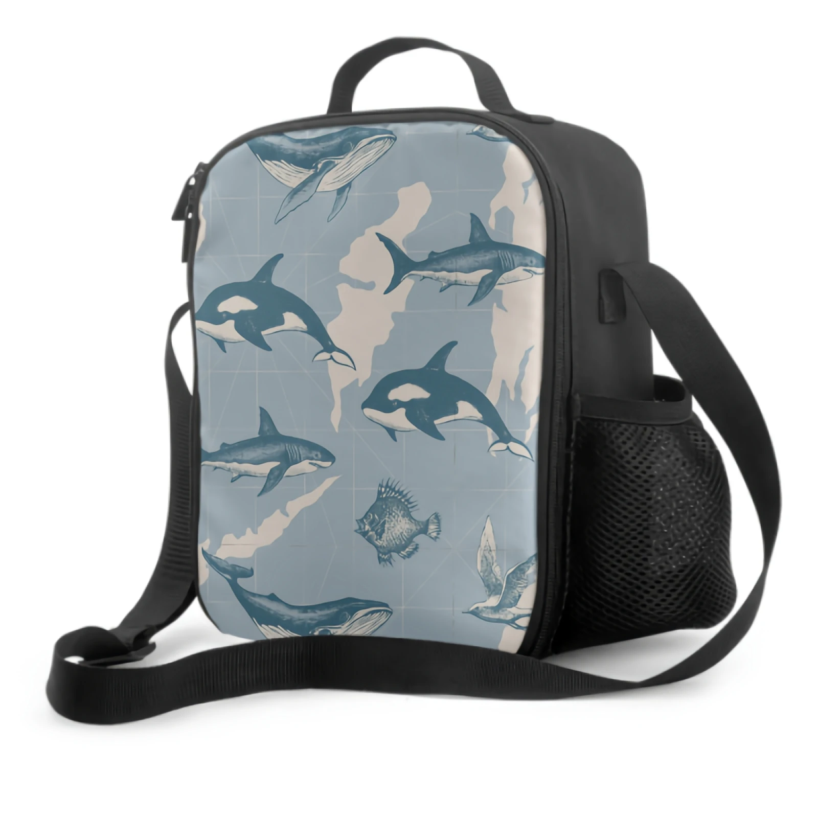 Hand Drawn Whale Insulated Lunch Box for Girls Boys Portable Lunch Bag with Adjustable Shoulder Strap and Side Pocket Cooler Bag