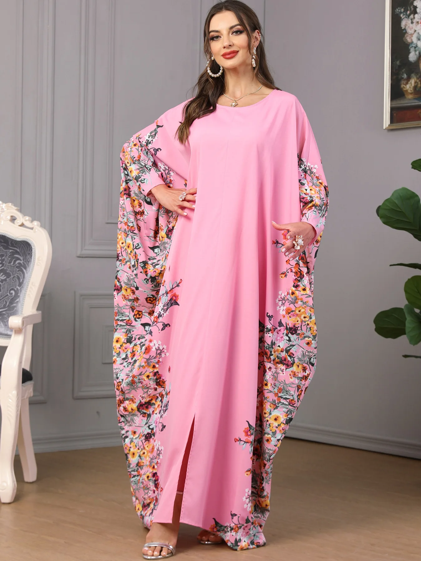 Eid Muslim Party Dress for Women Ramadan Abaya Bat Sleeve Print Long Robe Morocco Kaftan Vestidos Largos Dubai Jalabiya 2024