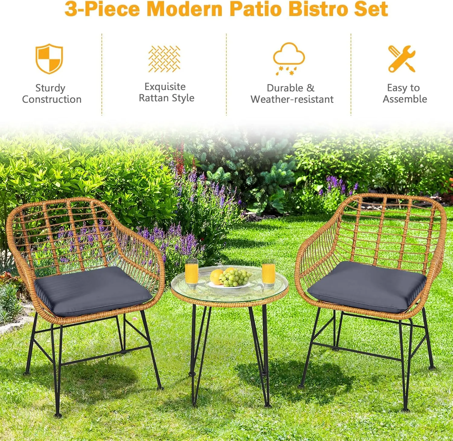 3 Pieces Rattan Bistro Set with Steel Frame Round Coffee Table, Soft Cushions, Rattan Bistro Furniture Set