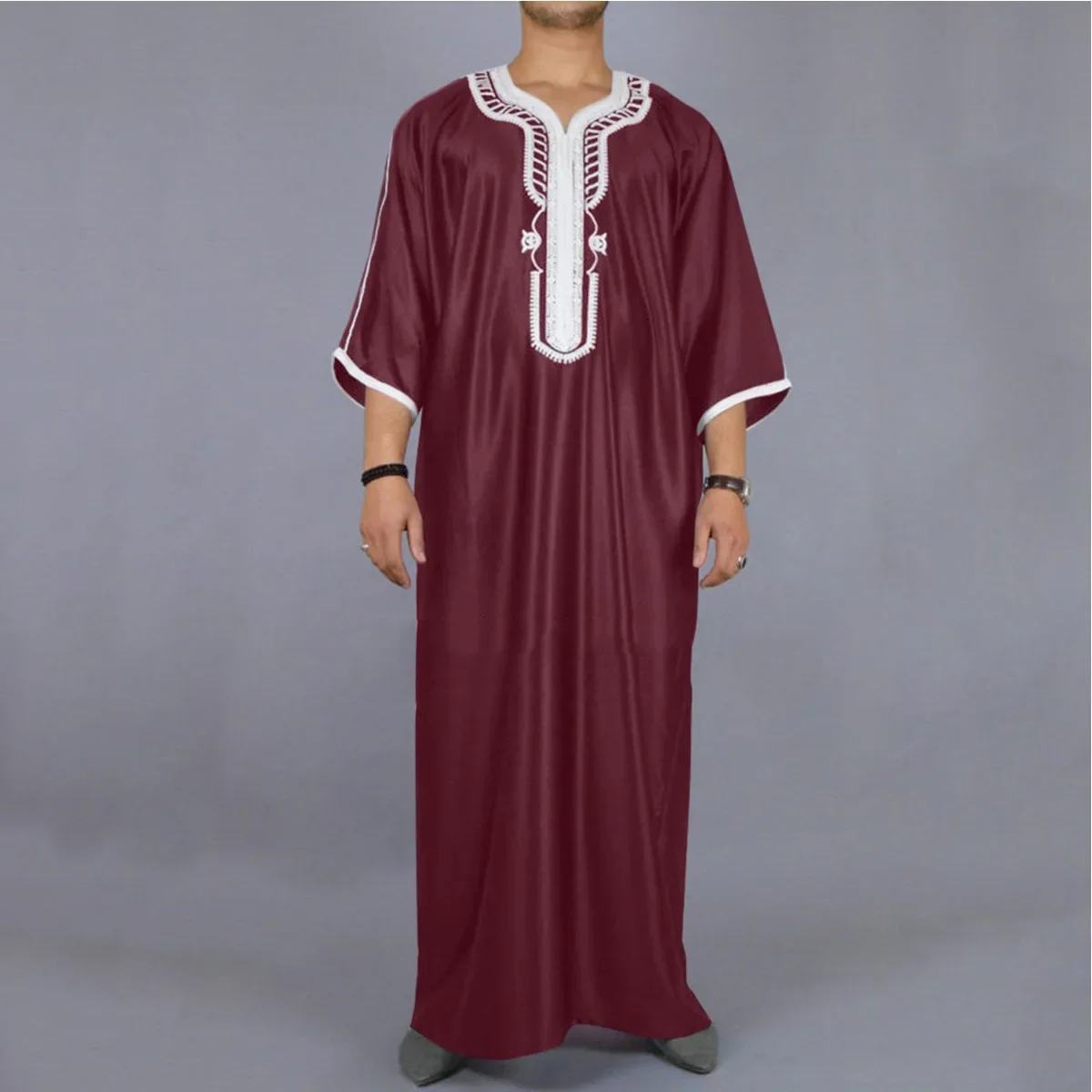 Bata informal suelta y transpirable para hombre, caftán musulmán bordado, estilo largo, árabe saudita, Thobe Islámico