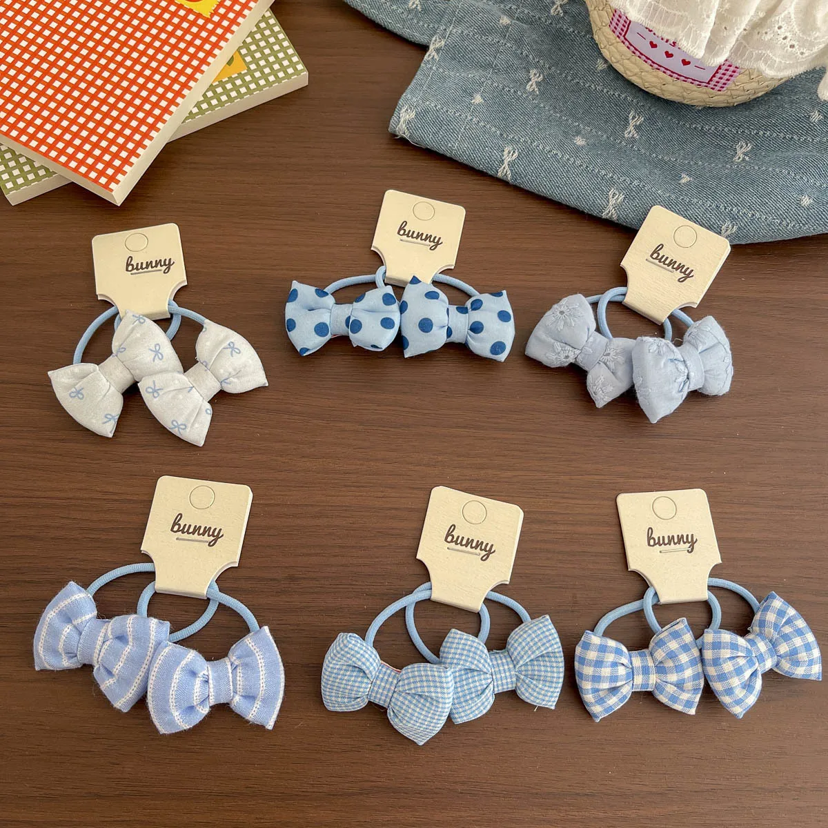 2pcs Blue Bow Children's Elastic Hair Band Sweet Girls Hair Rope Tie Ponytail Holder Rubber Band Kids Headwear Hair Accessories