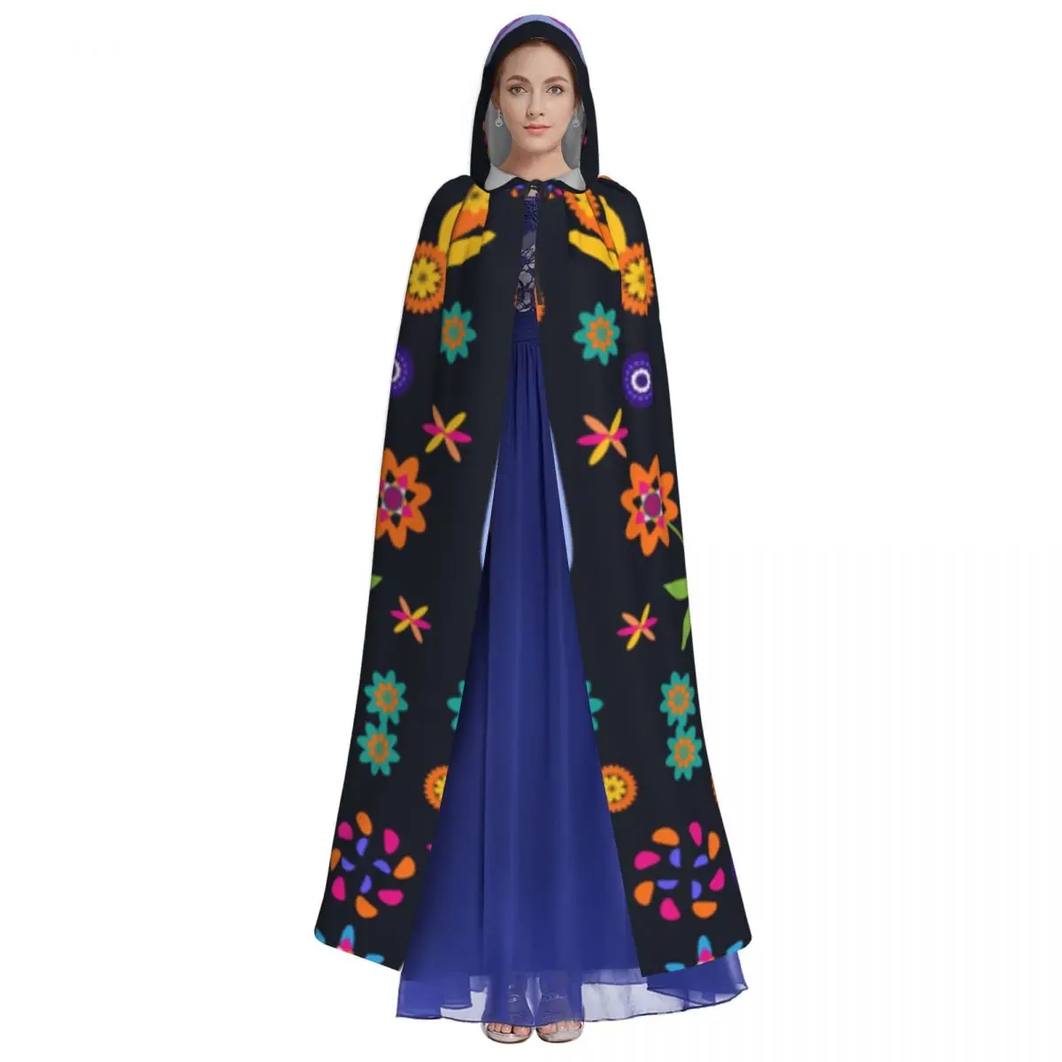 Sugar Skulls And Colorful Flowers Cloak Hooded Cosplay Costume Halloween Adult Long Party Cape