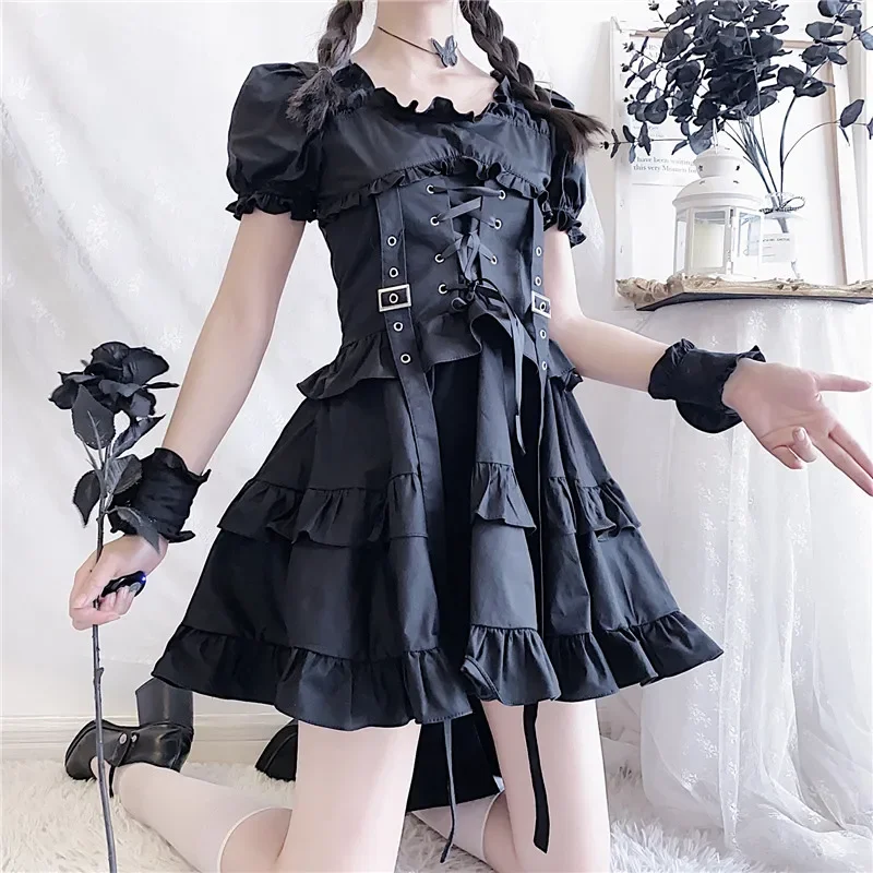 

Japanese Girl Vintage Punk Style Puff Sleeve Bandage Mini Dress Women Dresses Victorian Renaissance Black Gothic Lolita Dress