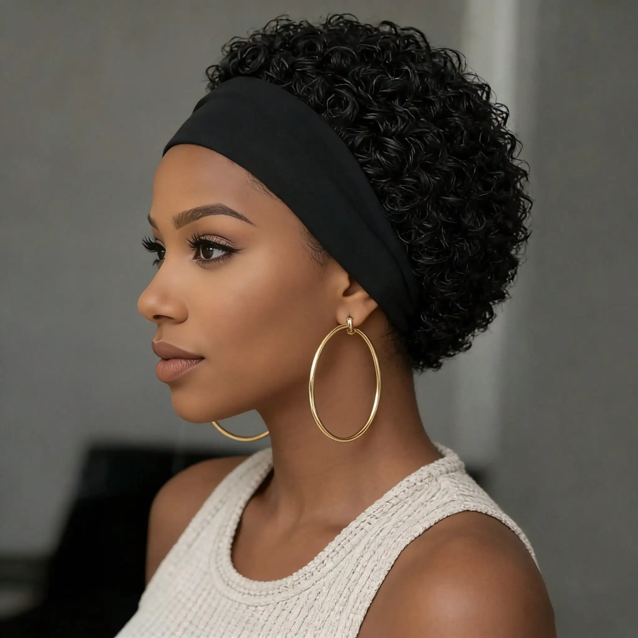 Short Curly Human Hair Wig with Headband for Women