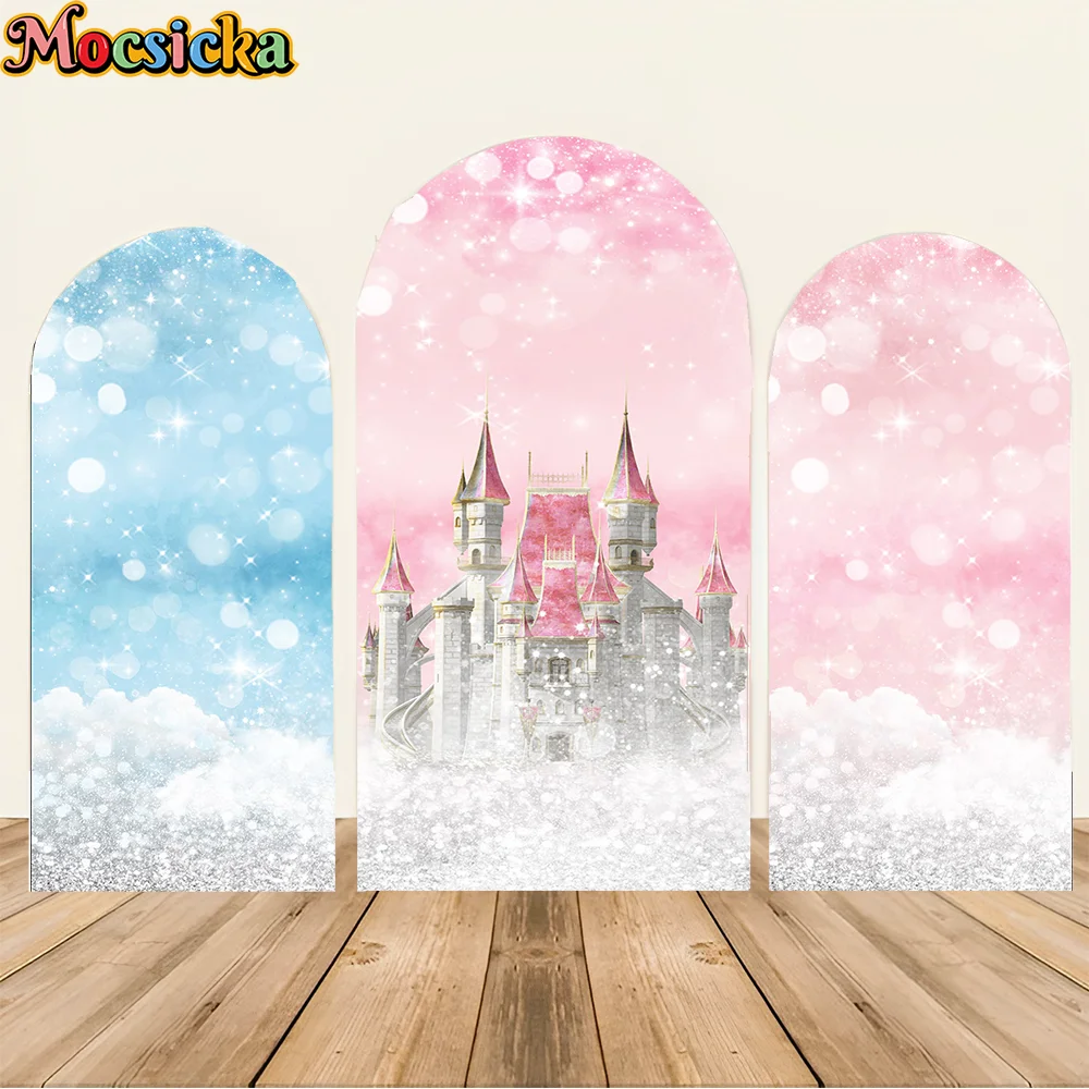 

Mocsicka Pink Castle Baby Shower Arch Backdrop Cover Princess Girls Birthday Party Arched Wall Background Photobooth ﻿