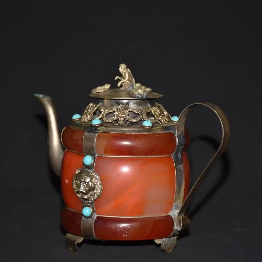 Collect Old Red Jade Tibet Silver Inlay Blue Gems Monkey Lid Lion Bead Teapot