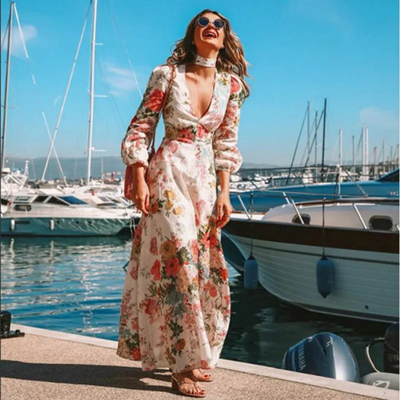 فستان طويل الأكمام بتصميم V عميق وطباعة زهور، أنيق للاستخدام اليومي، خصر متوسط، تنورة على شكل خط A، مصنوع من قماش البوليستر، ...