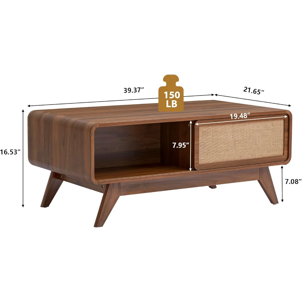 Mid-Century Modern Walnut Coffee Table -Curved Edge Wood Rectangle Center Table,Sliding Linen Door Storage for Living RoomOffice