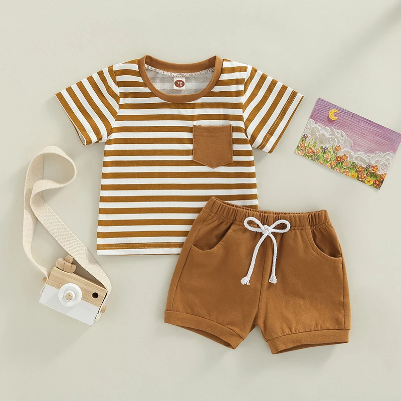 Newborn Baby Boy Clothes Toddler Summer Outfit Short Sleeve Striped Top Infant Shorts Set