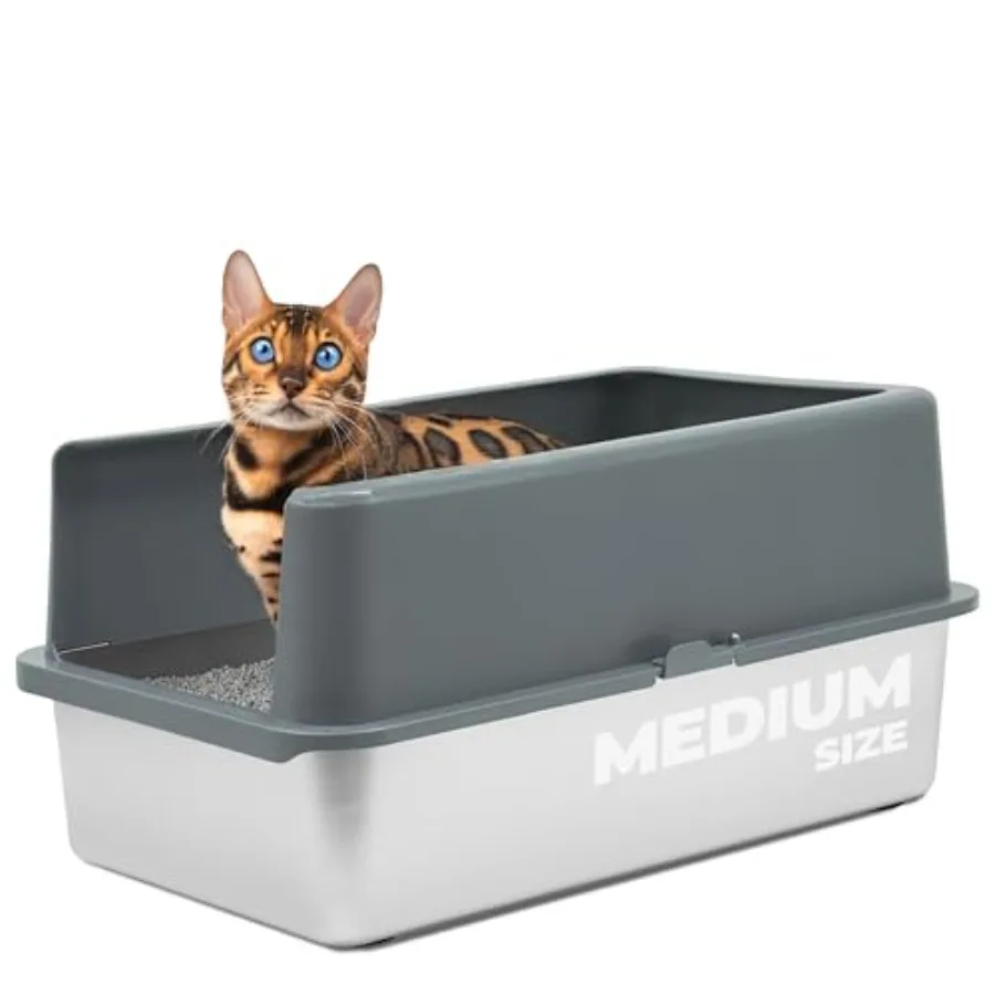 

Stainless Steel Enclosed Litter Box for Cats - Easy to Clean - Includes High-Sided Litter Box Scooper for Extra Scatter Protect