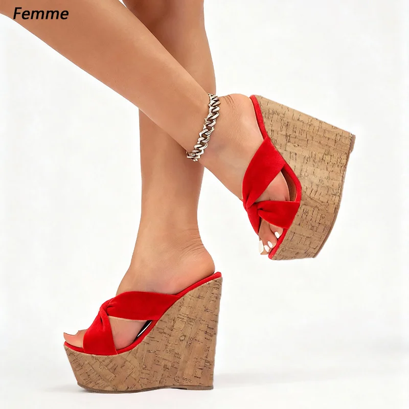 Handmade Custom Made Red Twist Knot Wedge Sandals - Cork Platform Slide Mules for Vacation Streetwear Ladies US Plus Size 5-20