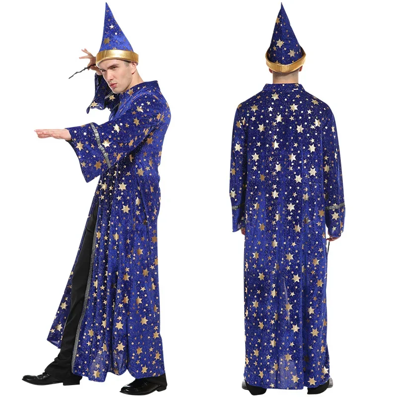 FC6Men Abito blu e cappello Star Moon Magic Mago Costume da mago Costume da mago unisex Mantello e cappello da mago Abiti @ FC8!
