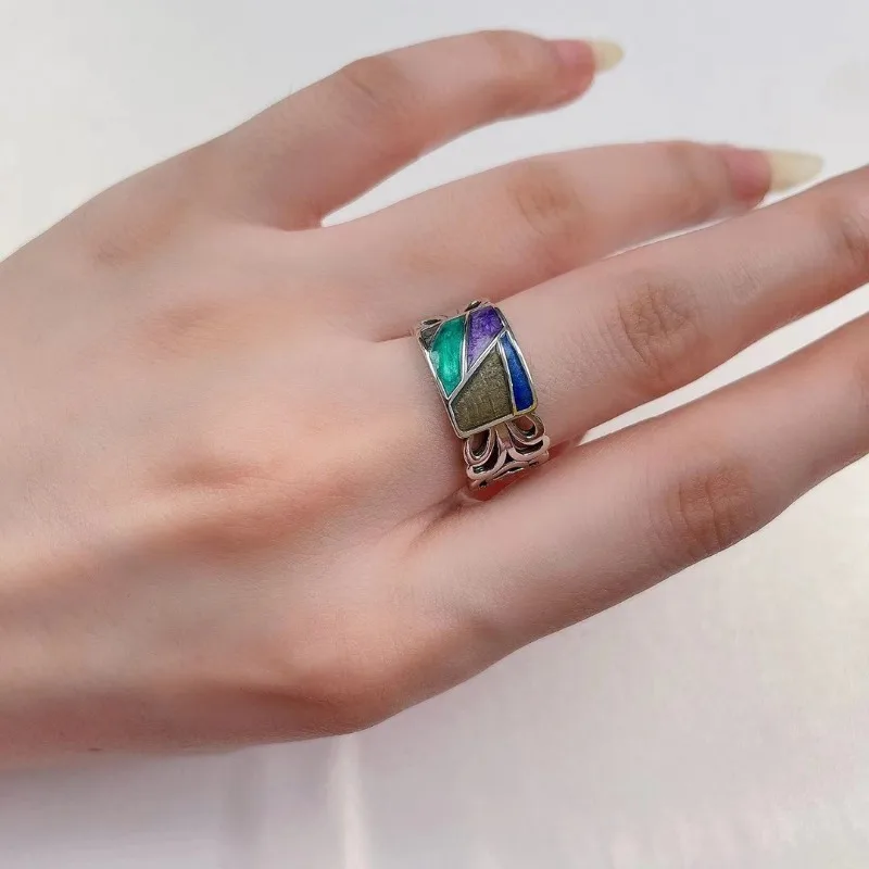 Creative Design 925 Silver Enamel Wide Style Colorful Splicing Rings for Women Exquisite Art Style Ring Banquet Jewelry Gift