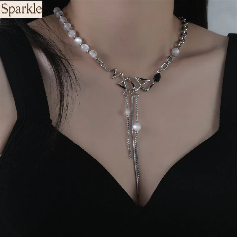 

Trendy Snake Shaped Bead Tassel Pendant Necklace For Women Girls Spliced Cat's eye Irregular designer Titanium Steel Jewelry