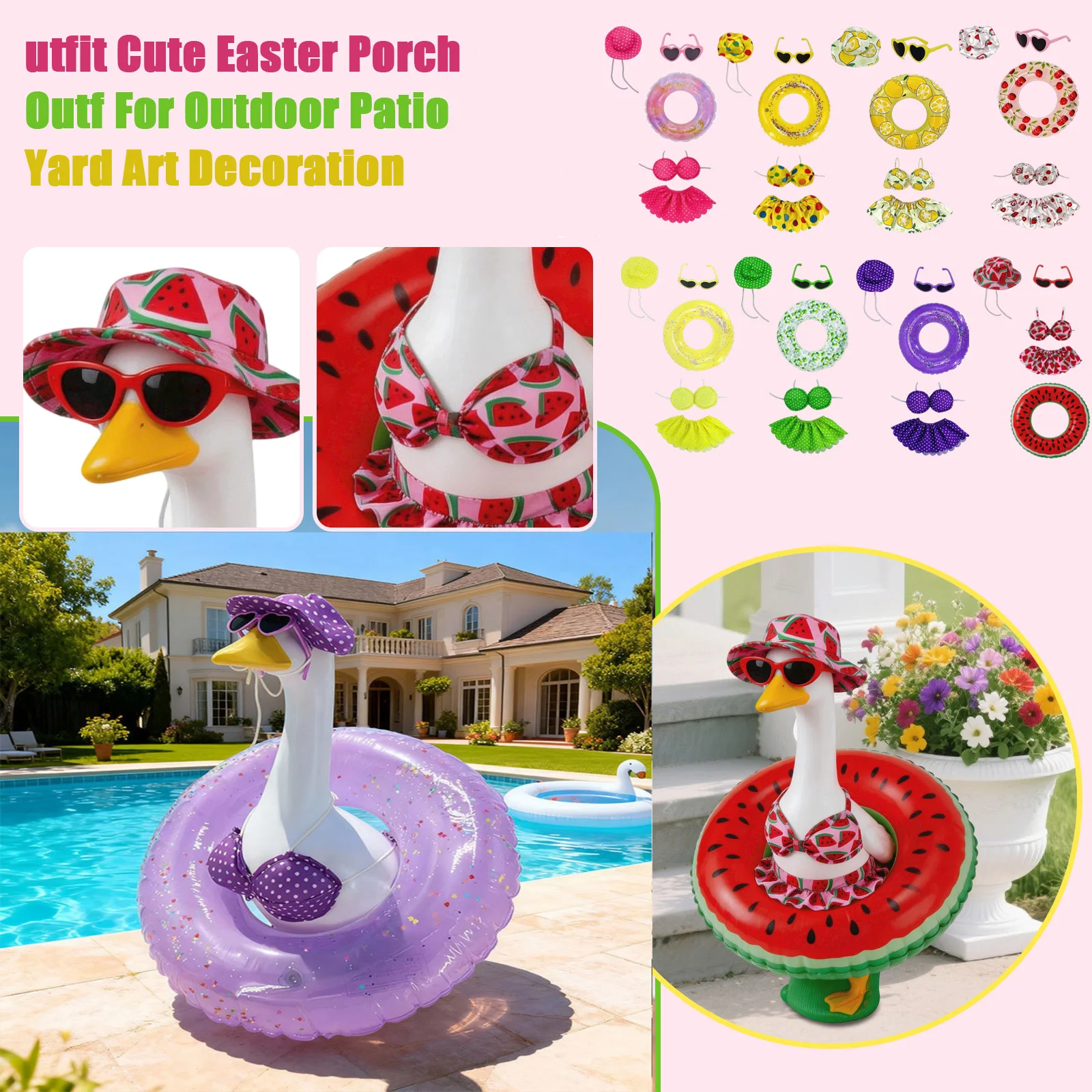 Summer Goose Beach Costume Set Cute Porch Outfit with Top, Skirt, Hat , Sunglasses and Inflatable Ring Outdoor Yard Decoration