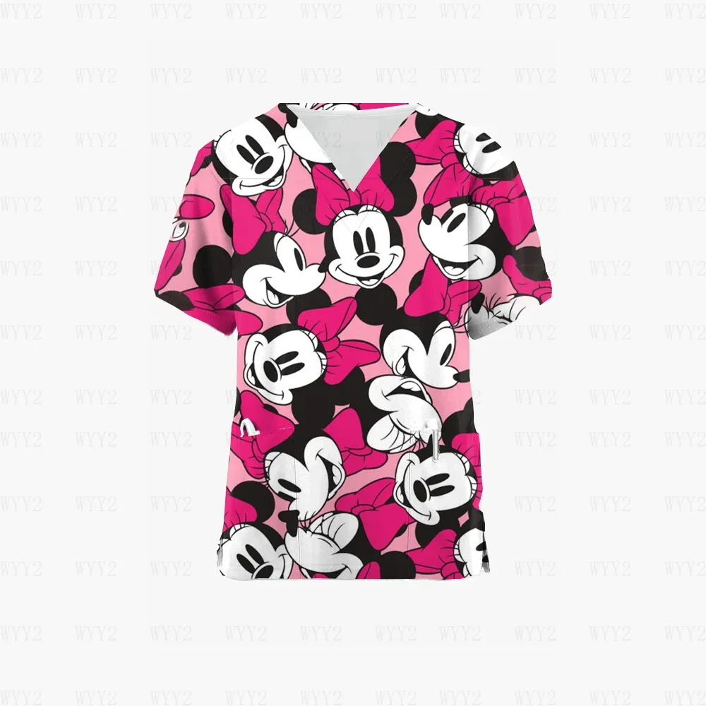 Summer Women's Nursing Scrub Uniform Ladies Printed Disney Mickey V Neck Paramedic Nurse Work Medical Uniform T-Shirt Tops