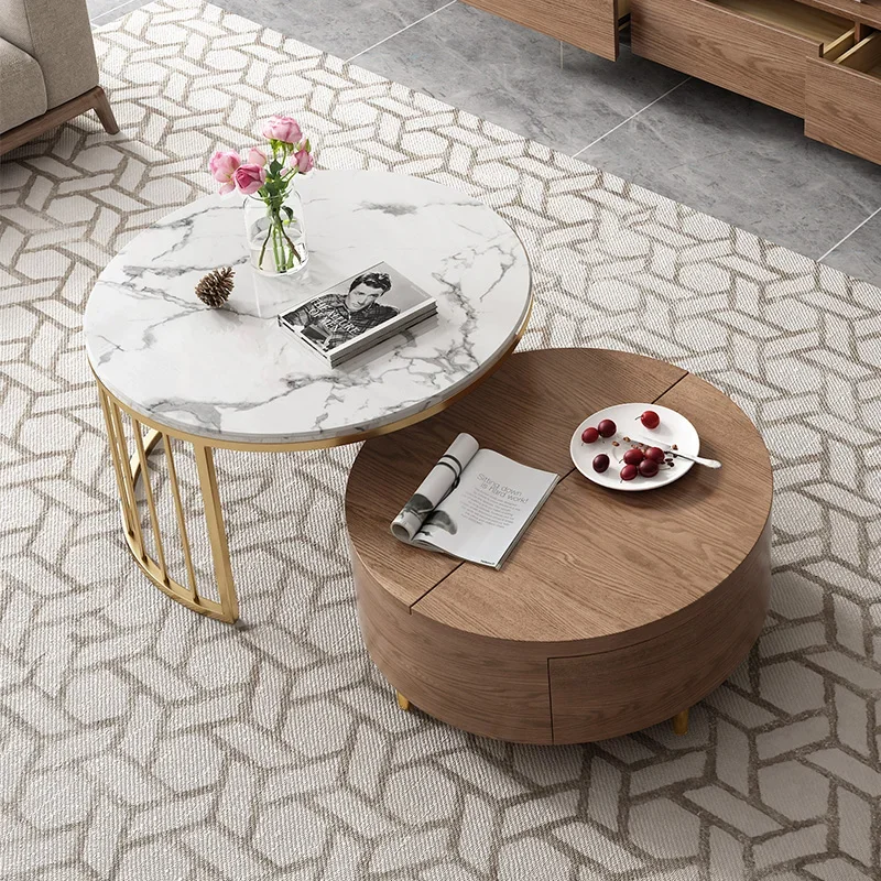 The New functional wooden storage coffee table whit Marble surface round gold coffee table